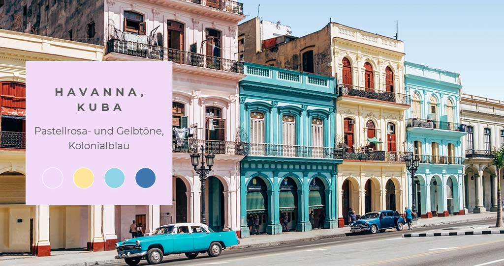 Havanna, Kuba Pastellrosa- und Gelbtöne, Kolonialblau